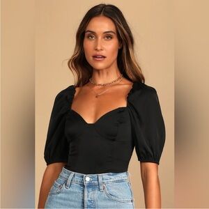 Lulu’s Sweet Personality Black Puff Sleeve Bodysuit XL Black Top Sweetheart Neck